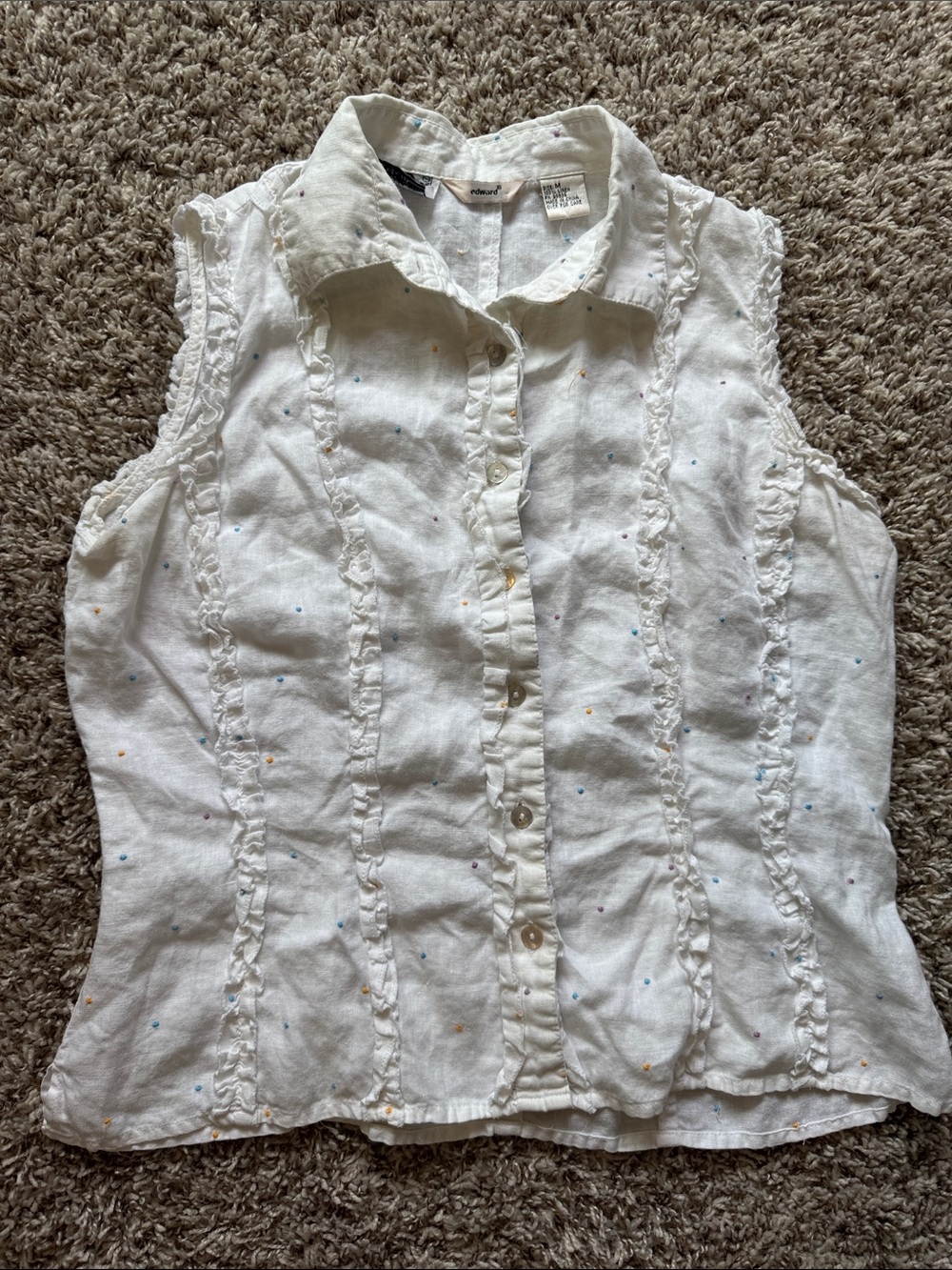 Edward 100% Linen White Ruffle Sleeveless Button Up Blouse